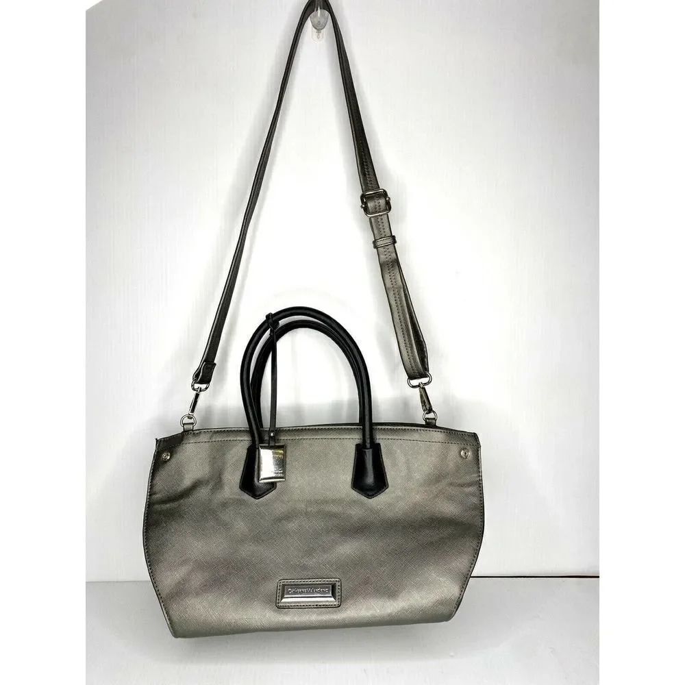 Catherine Malandrino Leather Purse Handbag Satchel Tote Hand Shoulder Bag Silver